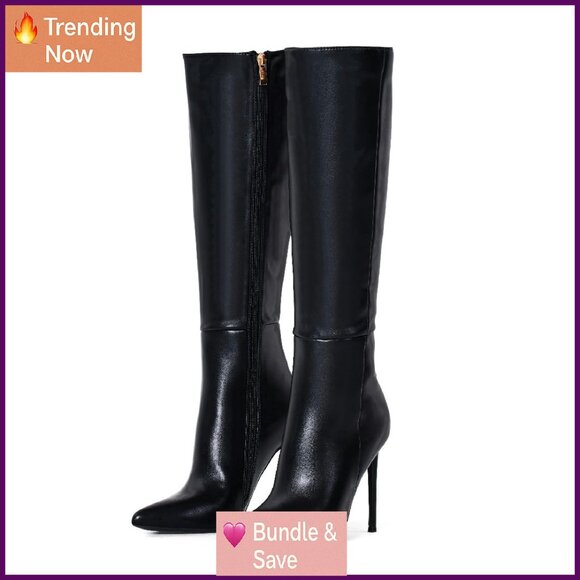 Size 10 Knee High Booties 4 Inch Heel Wide Calf Faux Leather Combat
